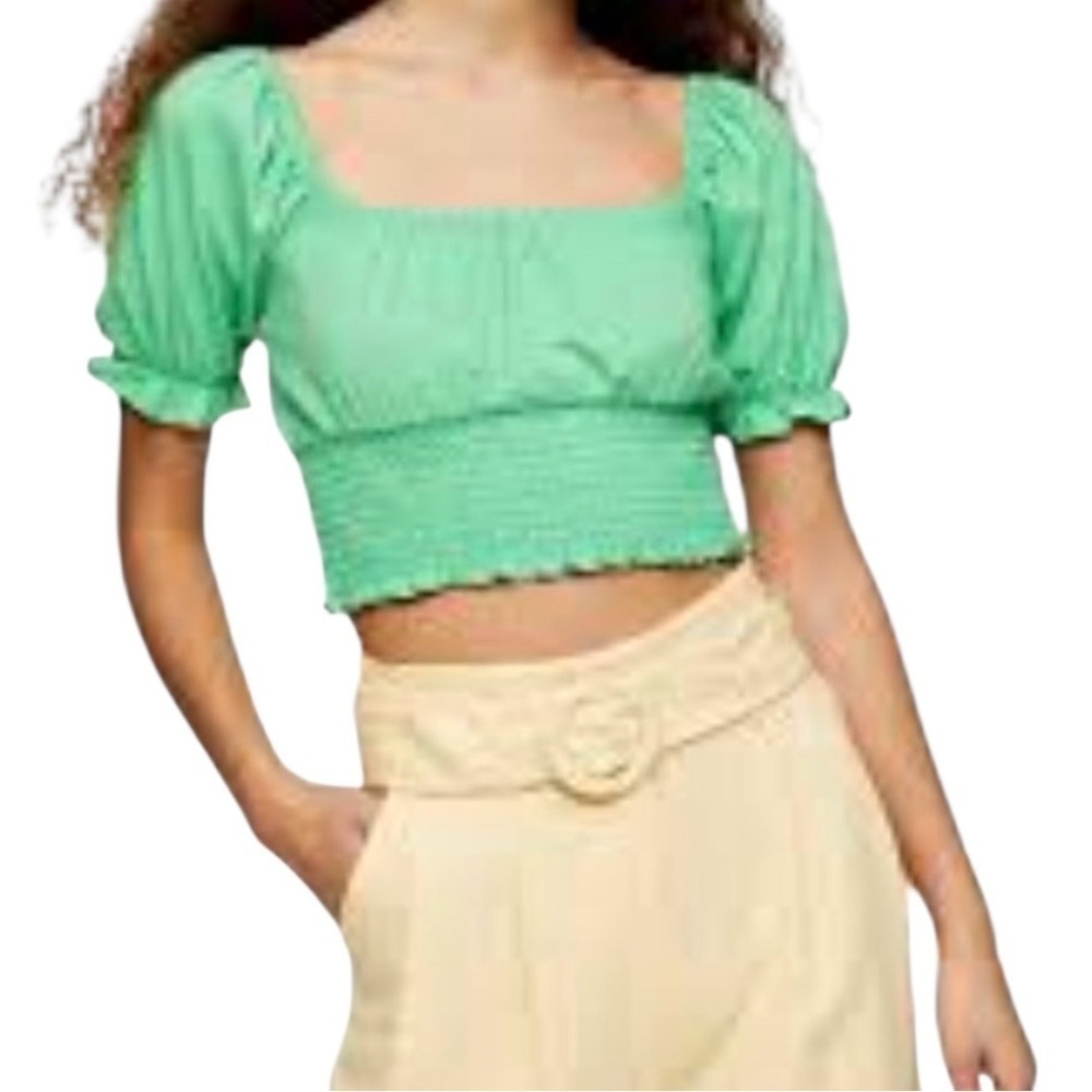 Topshop Green Shirred Waist Puff Short Sleeve Crop Top Size 6 New - Picture 8 of 8